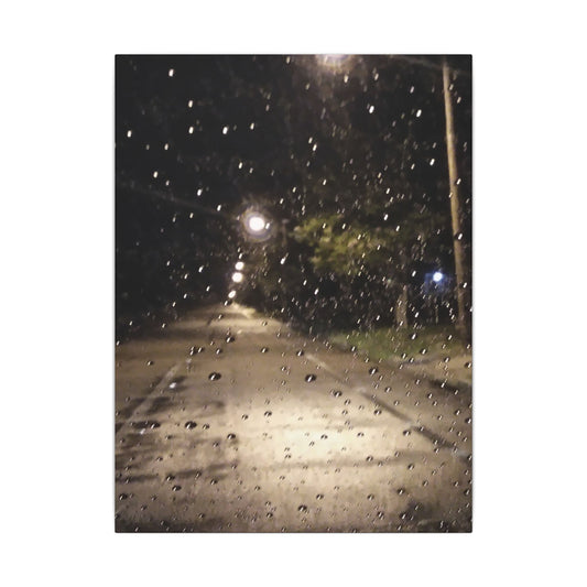 Rainy Night Street Canvas Print — Moody Urban Photography Wall Art